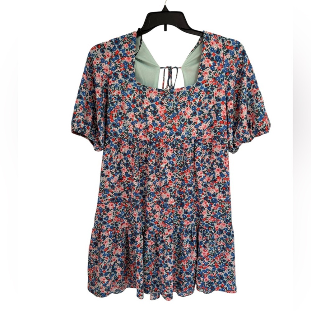BCBG Paris Womens Square Neck Ditsy Floral Dress Size Large Puff Sleeves